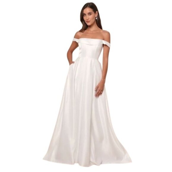 NEW Lulus Extraordinary Vow White Off-the-Shoulder Maxi Dress w/ Pockets Size S - Picture 1 of 15